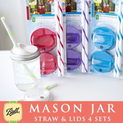 画像1: ４個セット レギュラー、ワイドマウス用 ストロー用蓋 カラー フタ＆ストロー メイソンジャー Ball社  Mason jar