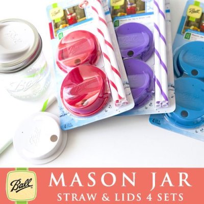 画像2: ４個セット レギュラー、ワイドマウス用 ストロー用蓋 カラー フタ＆ストロー メイソンジャー Ball社  Mason jar
