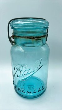【希少】アンティーク メイソンジャー Ball Mason jar  ビンテージ　Quart(クォート)　ワイヤー型　ブルー瓶/ブルー蓋