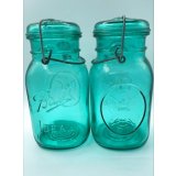 【希少】アンティーク メイソンジャー Ball Mason jar  ビンテージ　Quart(クォート)　ワイヤー型　Bicentennial Celebration　ワシ彫刻　ブルー瓶/ブルー蓋