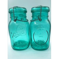 【希少】アンティーク メイソンジャー Ball Mason jar  ビンテージ　Quart(クォート)　ワイヤー型　Bicentennial Celebration　ワシ彫刻　ブルー瓶/ブルー蓋