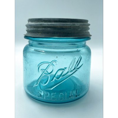 画像1: 【希少】アンティーク メイソンジャー Ball Mason jar  ビンテージ　Zinc蓋つき　ブルー
