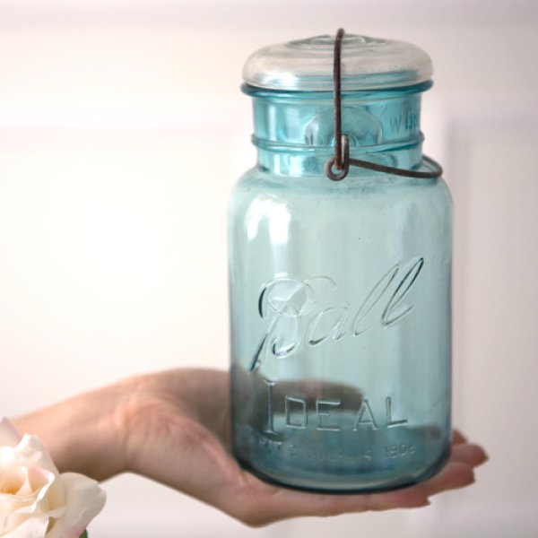 画像3: アンティーク メイソンジャー Ball Mason jar  ビンテージ　Quart(クォート)　ワイヤー型　ブルー×ホワイト蓋 (3)