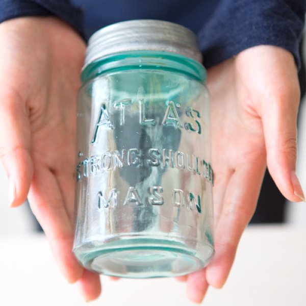 画像4: アンティーク メイソンジャー  ATLAS Mason jar  ビンテージ　Pint(パイント)　Zinc蓋つき　ブルー (4)
