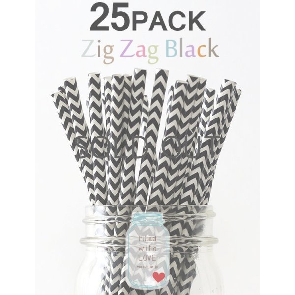 画像1: メイソンジャー Ball Mason jar タンブラー エコ 再生可能 紙ストロー25本入り サーキュラーエコノミー Zig Zag Black (1)